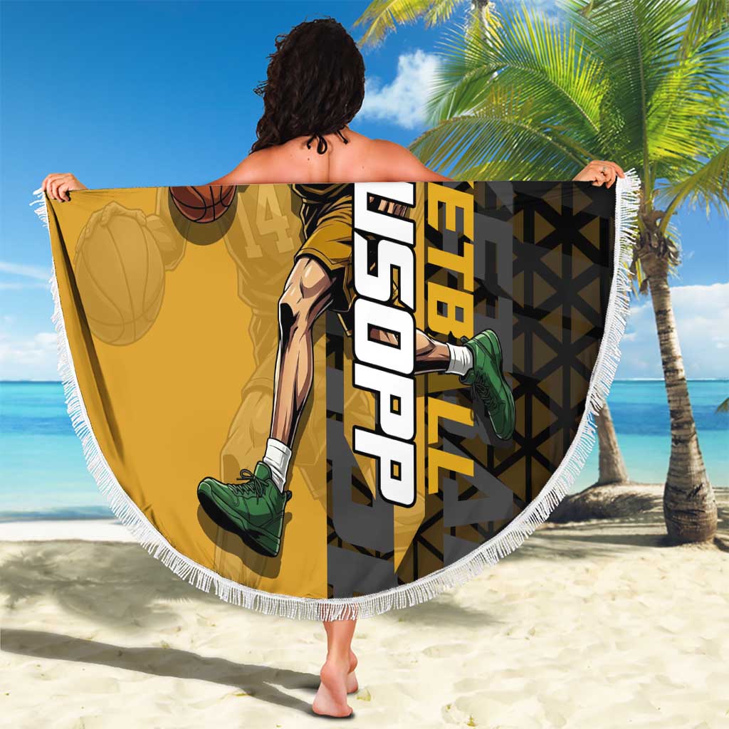 Usopp One Piece Basketball Theme Yellow and Black Design Beach Blanket with Sniper Emblem and Action Pose - The Mazicc