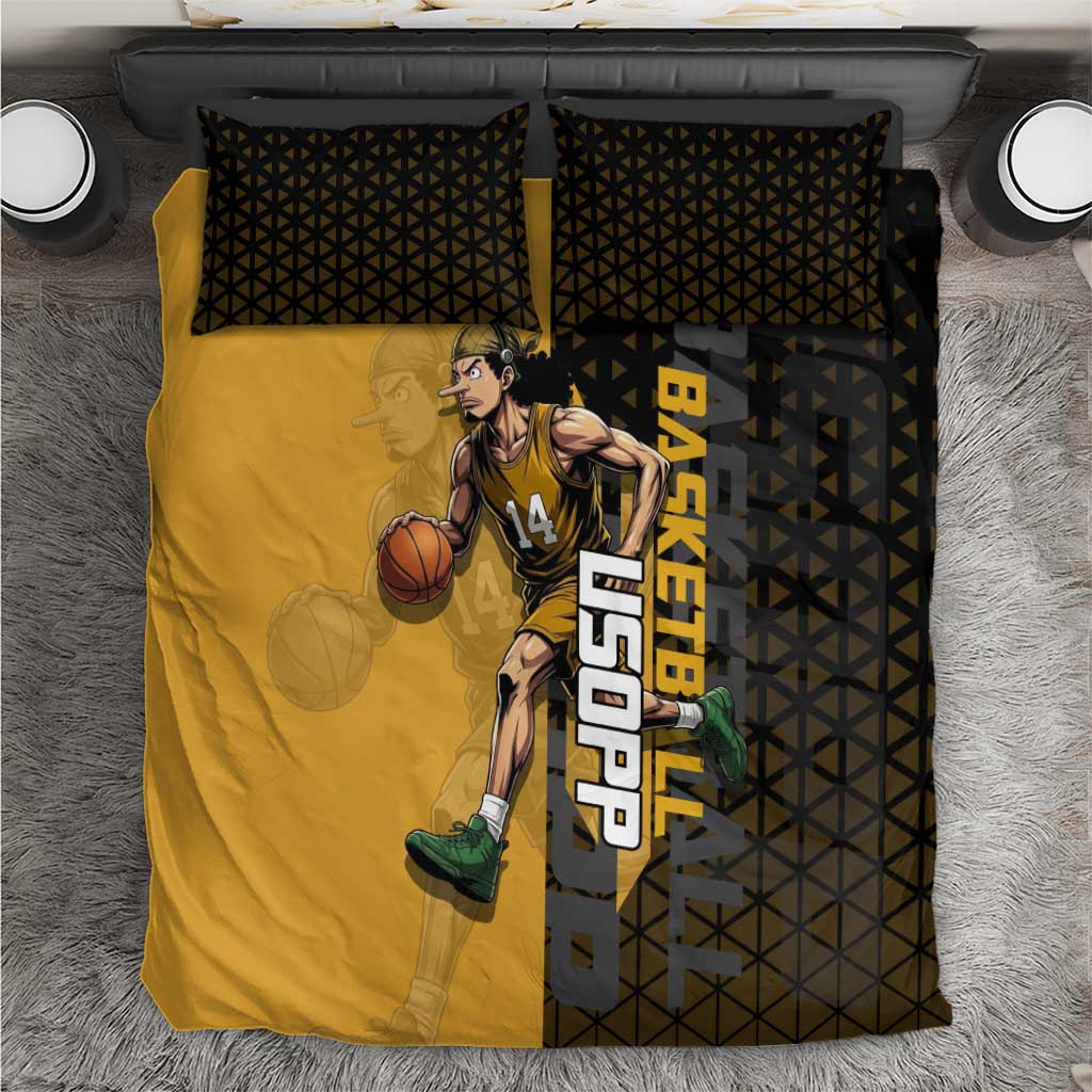 Usopp One Piece Basketball Theme Yellow and Black Design Bedding Set with Sniper Emblem and Action Pose - The Mazicc