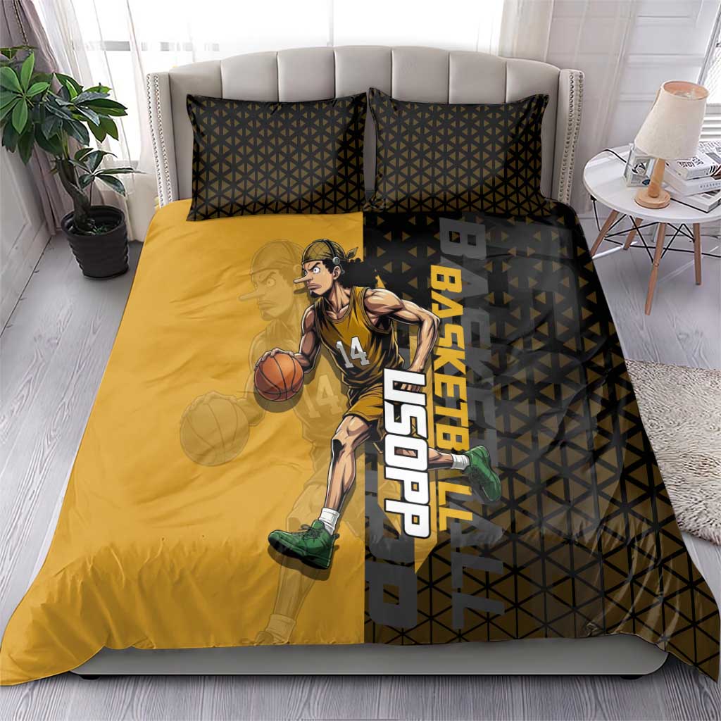 Usopp One Piece Basketball Theme Yellow and Black Design Bedding Set with Sniper Emblem and Action Pose - The Mazicc