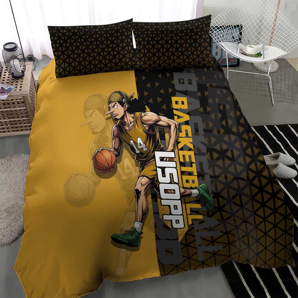 Usopp One Piece Basketball Theme Yellow and Black Design Bedding Set with Sniper Emblem and Action Pose - The Mazicc