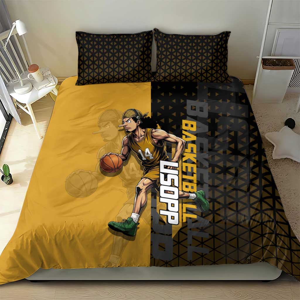 Usopp One Piece Basketball Theme Yellow and Black Design Bedding Set with Sniper Emblem and Action Pose - The Mazicc