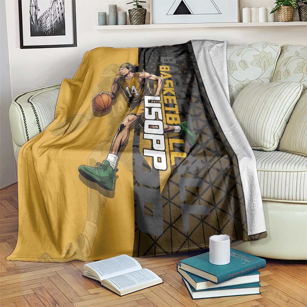 Usopp One Piece Basketball Theme Yellow and Black Design Blanket with Sniper Emblem and Action Pose - The Mazicc