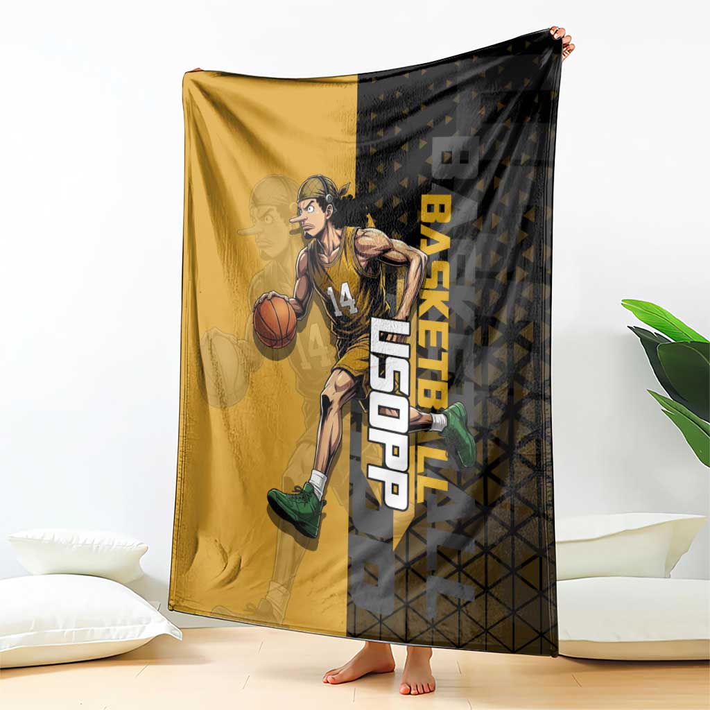Usopp One Piece Basketball Theme Yellow and Black Design Blanket with Sniper Emblem and Action Pose - The Mazicc