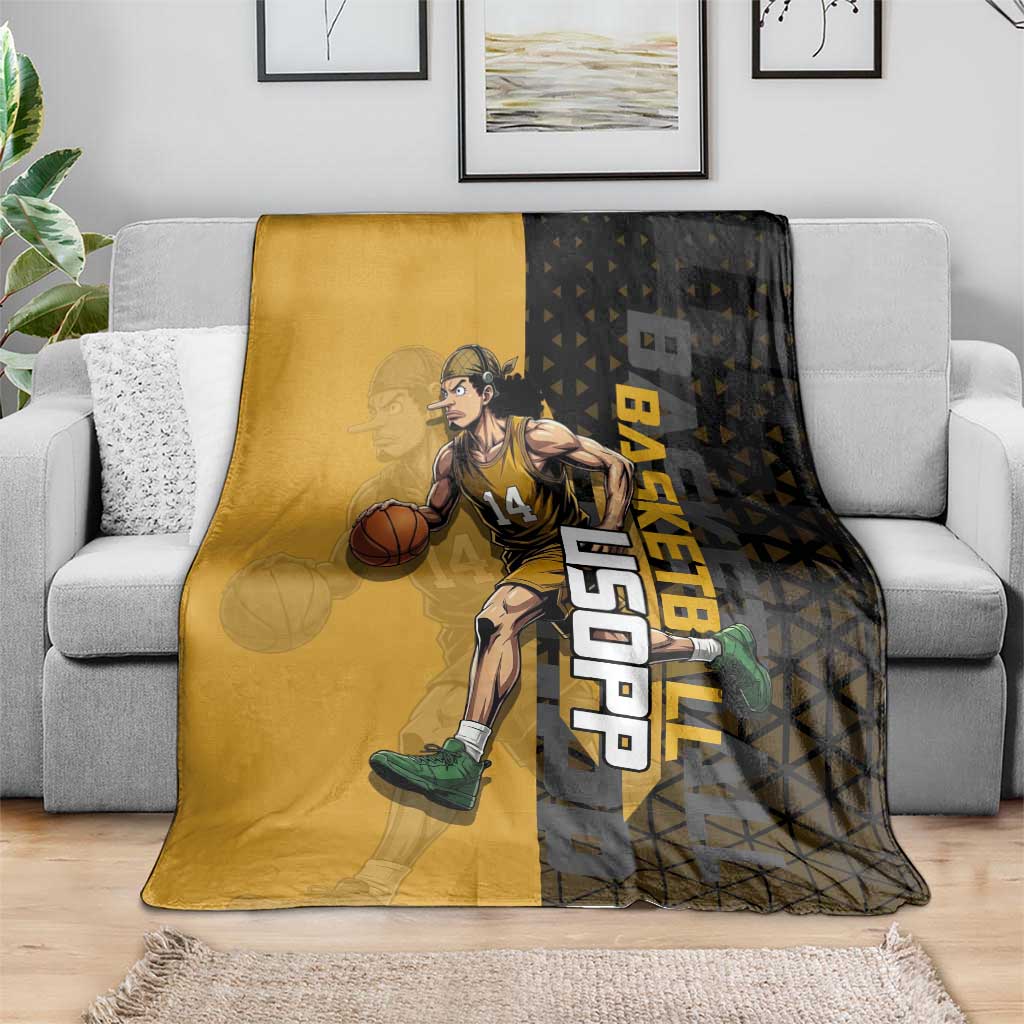 Usopp One Piece Basketball Theme Yellow and Black Design Blanket with Sniper Emblem and Action Pose - The Mazicc