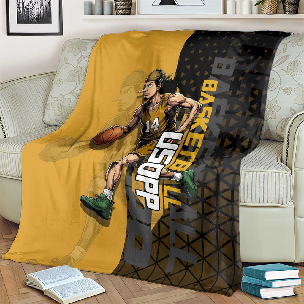 Usopp One Piece Basketball Theme Yellow and Black Design Blanket with Sniper Emblem and Action Pose - The Mazicc