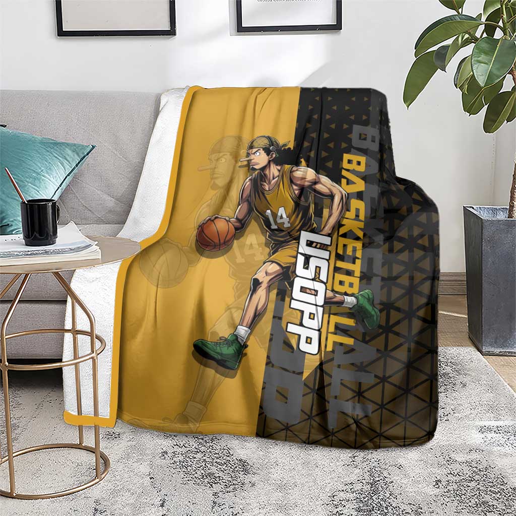 Usopp One Piece Basketball Theme Yellow and Black Design Blanket with Sniper Emblem and Action Pose - The Mazicc