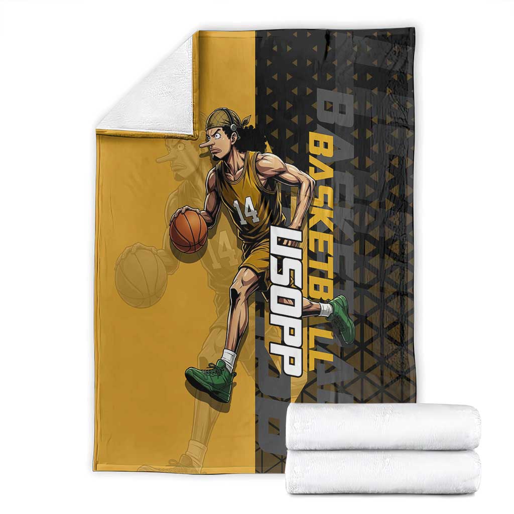 Usopp One Piece Basketball Theme Yellow and Black Design Blanket with Sniper Emblem and Action Pose - The Mazicc