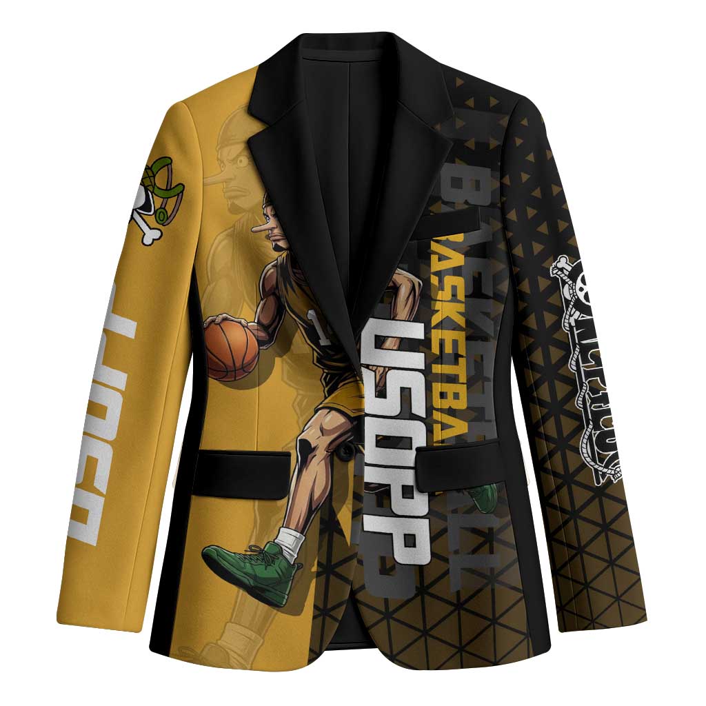 Usopp One Piece Basketball Theme Yellow and Black Design Blazer with Sniper Emblem and Action Pose - The Mazicc