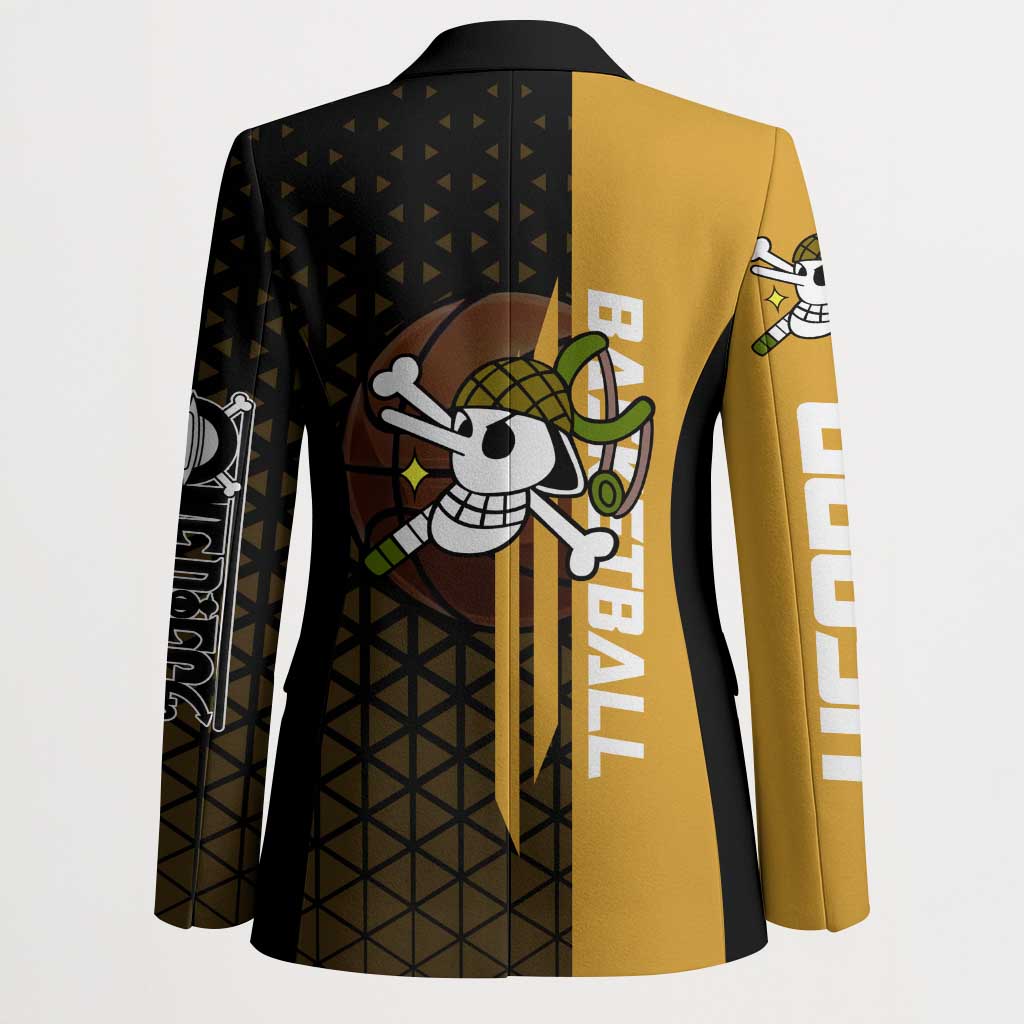 Usopp One Piece Basketball Theme Yellow and Black Design Blazer with Sniper Emblem and Action Pose - The Mazicc