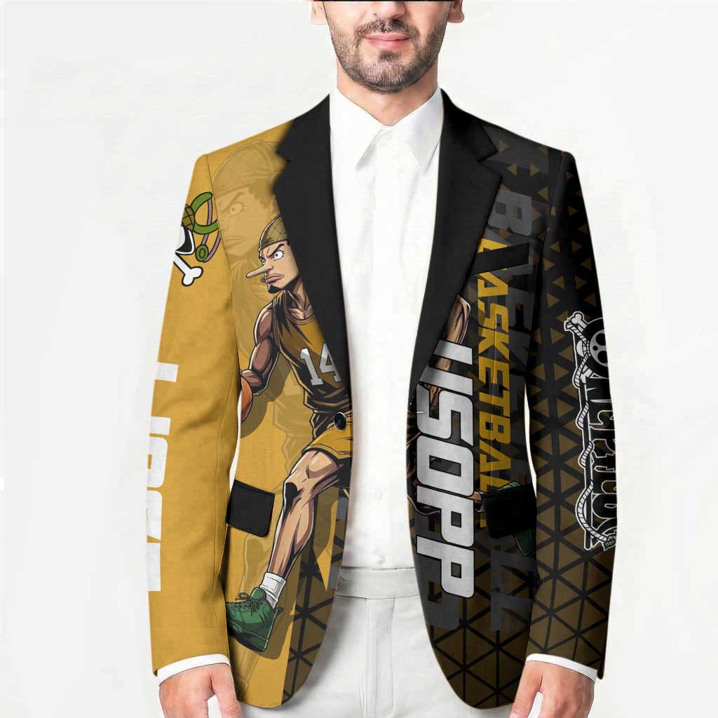 Usopp One Piece Basketball Theme Yellow and Black Design Blazer with Sniper Emblem and Action Pose - The Mazicc