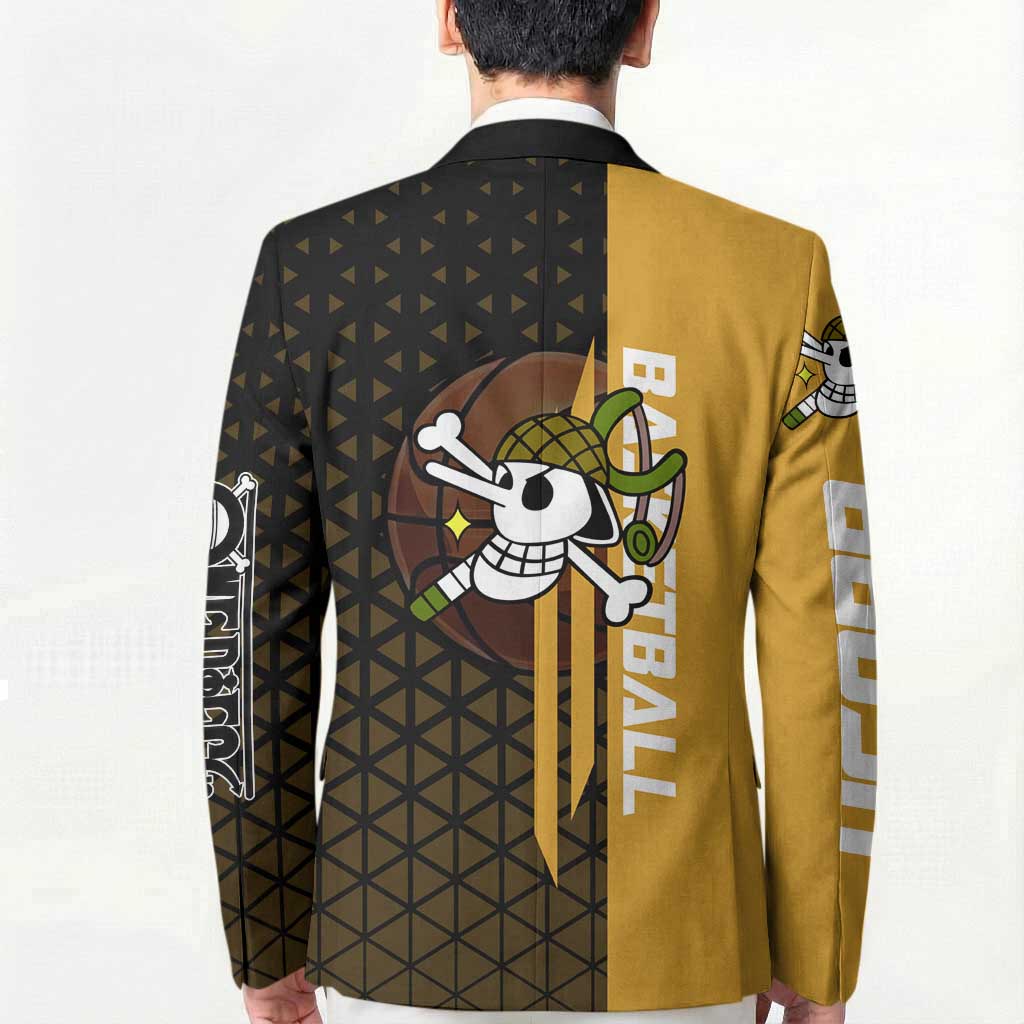 Usopp One Piece Basketball Theme Yellow and Black Design Blazer with Sniper Emblem and Action Pose - The Mazicc