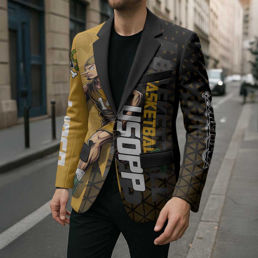 Usopp One Piece Basketball Theme Yellow and Black Design Blazer with Sniper Emblem and Action Pose - The Mazicc