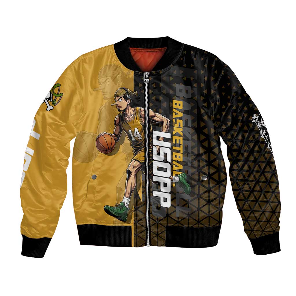 Usopp One Piece Basketball Theme Yellow and Black Design Bomber Jacket with Sniper Emblem and Action Pose - The Mazicc