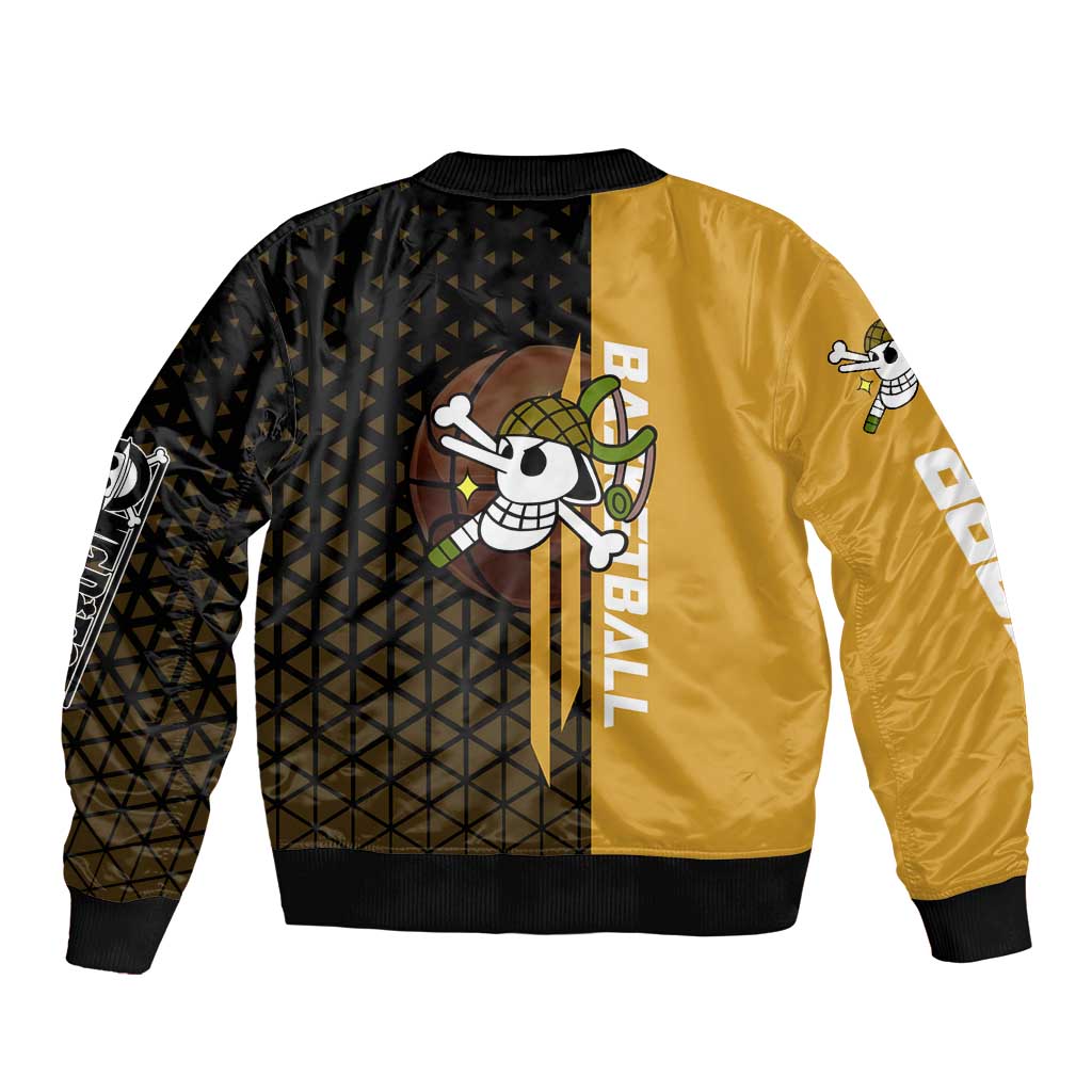 Usopp One Piece Basketball Theme Yellow and Black Design Bomber Jacket with Sniper Emblem and Action Pose - The Mazicc