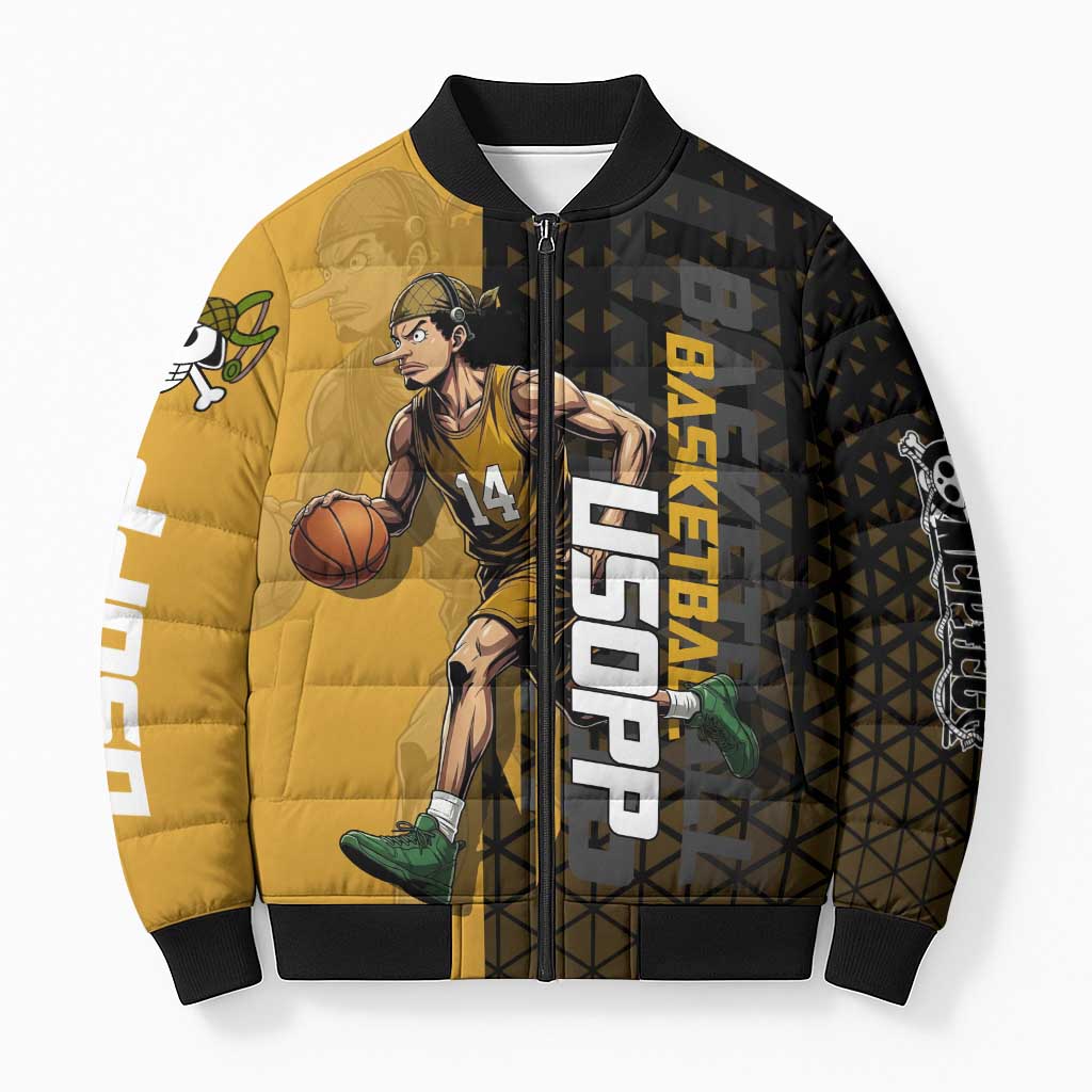 Usopp One Piece Basketball Theme Yellow and Black Design Bomber Puffer Jacket with Sniper Emblem and Action Pose - The Mazicc