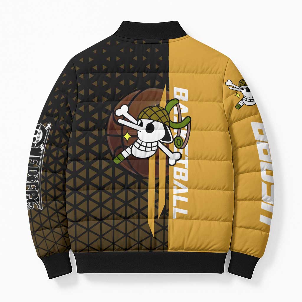 Usopp One Piece Basketball Theme Yellow and Black Design Bomber Puffer Jacket with Sniper Emblem and Action Pose - The Mazicc