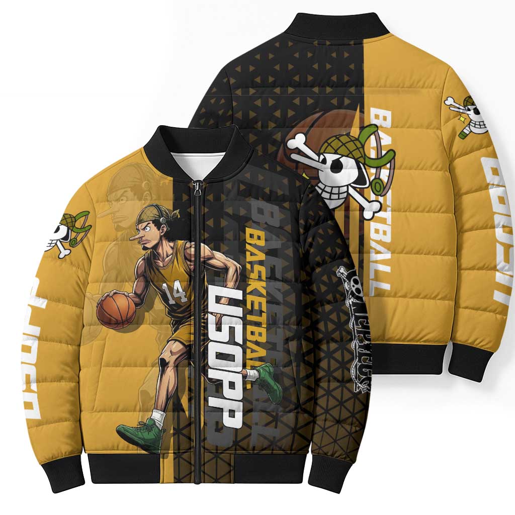 Usopp One Piece Basketball Theme Yellow and Black Design Bomber Puffer Jacket with Sniper Emblem and Action Pose - The Mazicc