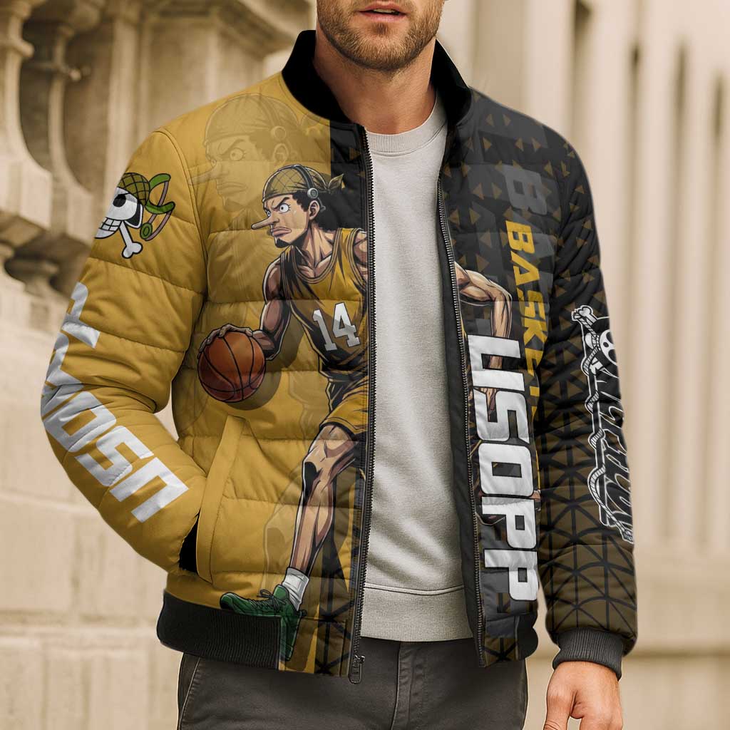 Usopp One Piece Basketball Theme Yellow and Black Design Bomber Puffer Jacket with Sniper Emblem and Action Pose - The Mazicc
