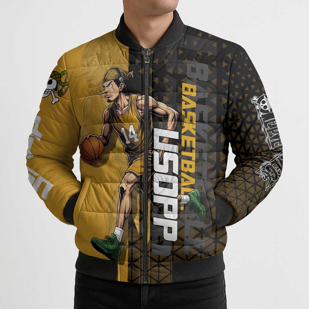 Usopp One Piece Basketball Theme Yellow and Black Design Bomber Puffer Jacket with Sniper Emblem and Action Pose - The Mazicc
