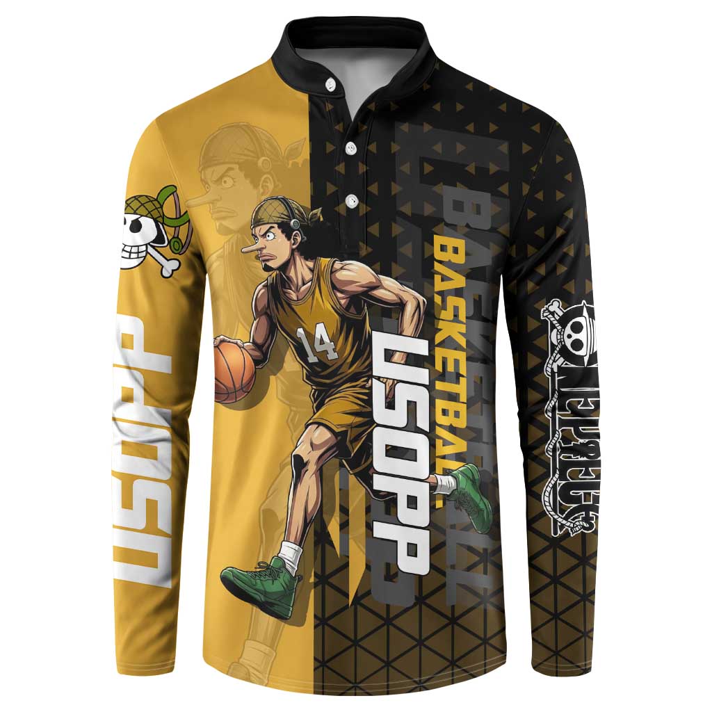 Usopp One Piece Basketball Theme Yellow and Black Design Button Sweatshirt with Sniper Emblem and Action Pose - The Mazicc
