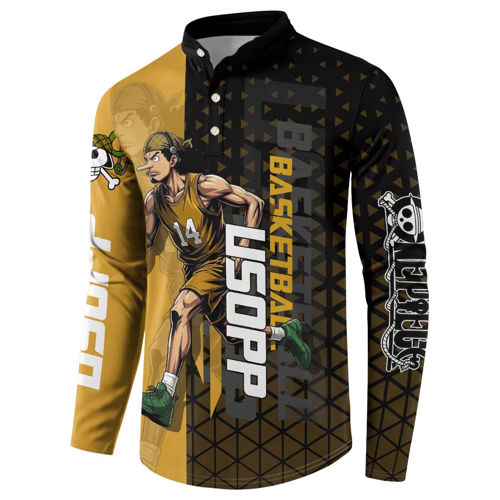 Usopp One Piece Basketball Theme Yellow and Black Design Button Sweatshirt with Sniper Emblem and Action Pose - The Mazicc
