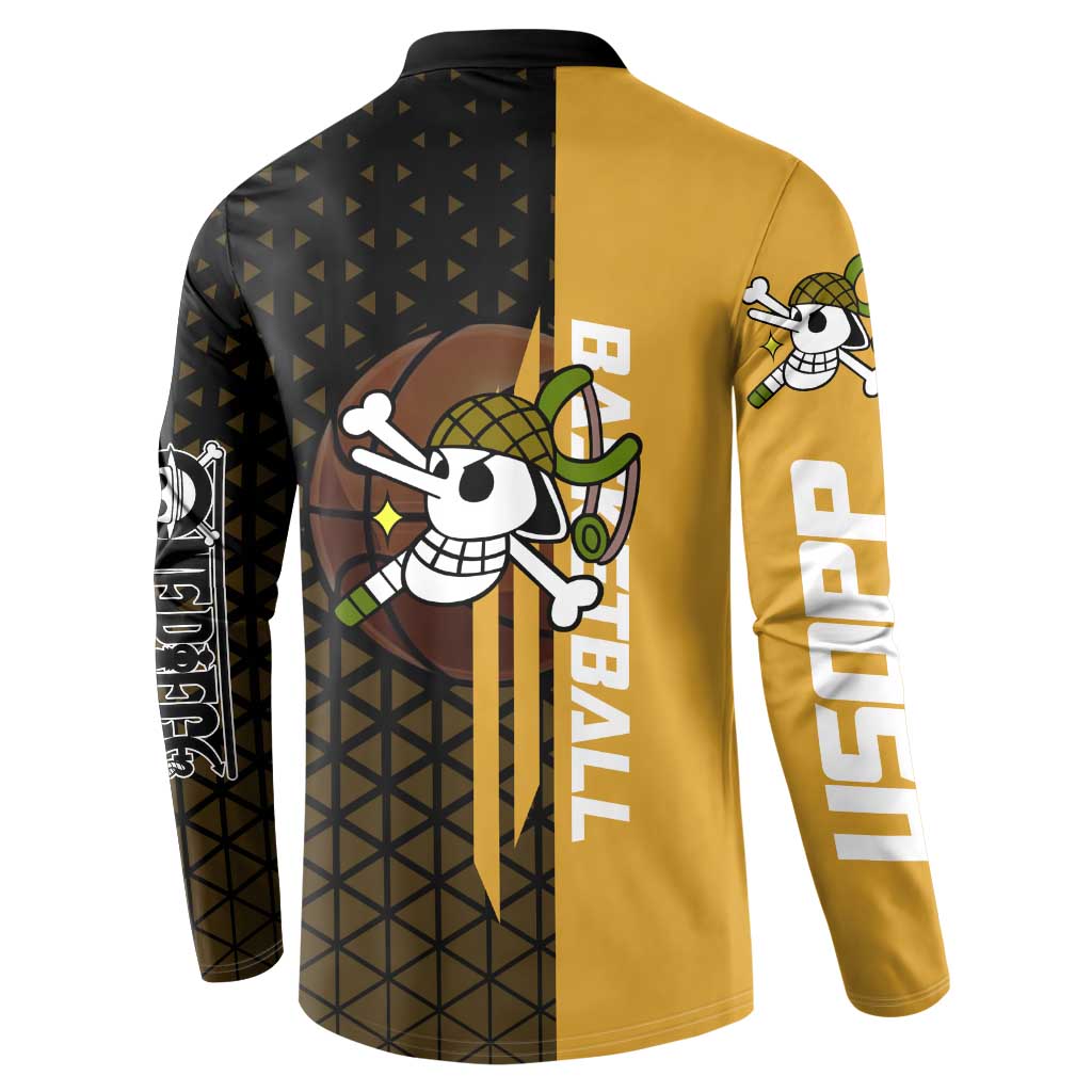 Usopp One Piece Basketball Theme Yellow and Black Design Button Sweatshirt with Sniper Emblem and Action Pose - The Mazicc