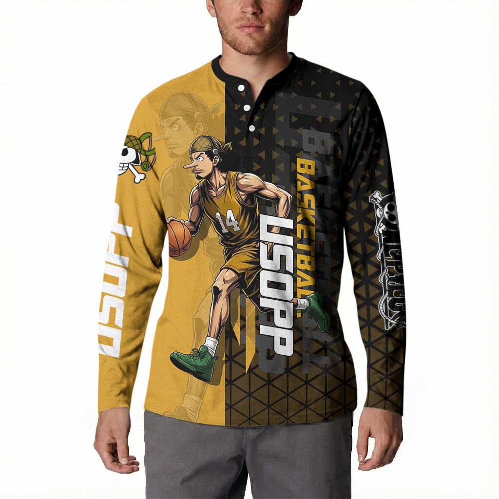 Usopp One Piece Basketball Theme Yellow and Black Design Button Sweatshirt with Sniper Emblem and Action Pose - The Mazicc