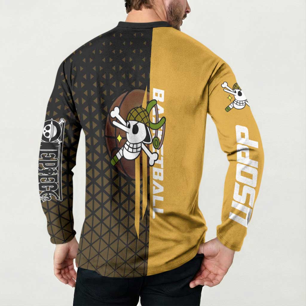 Usopp One Piece Basketball Theme Yellow and Black Design Button Sweatshirt with Sniper Emblem and Action Pose - The Mazicc