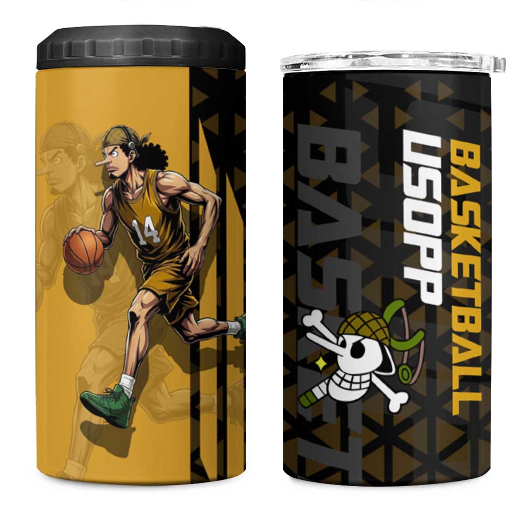 Usopp One Piece Basketball Theme Yellow and Black Design 4 in 1 Can Cooler Tumbler with Sniper Emblem and Action Pose - The Mazicc