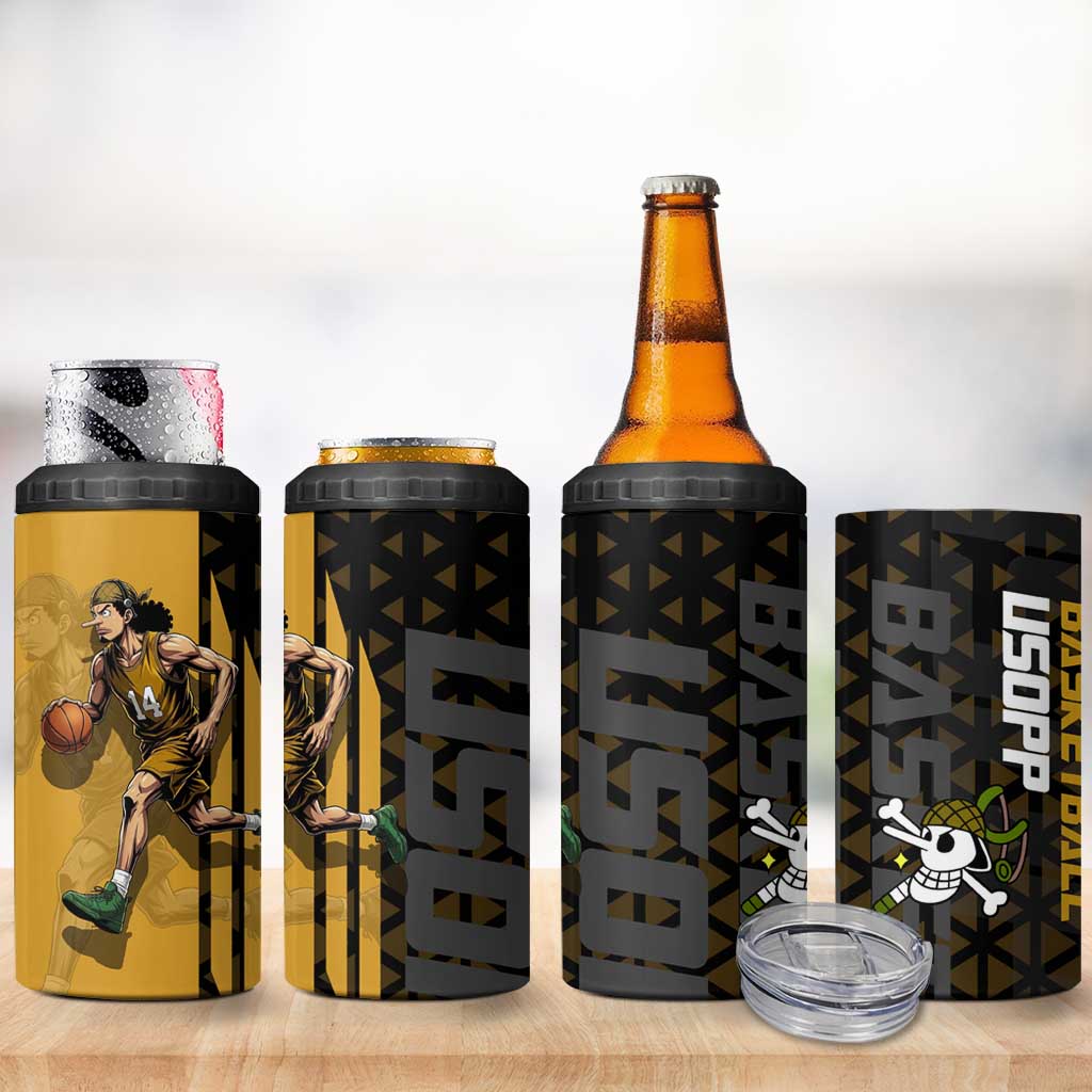 Usopp One Piece Basketball Theme Yellow and Black Design 4 in 1 Can Cooler Tumbler with Sniper Emblem and Action Pose - The Mazicc