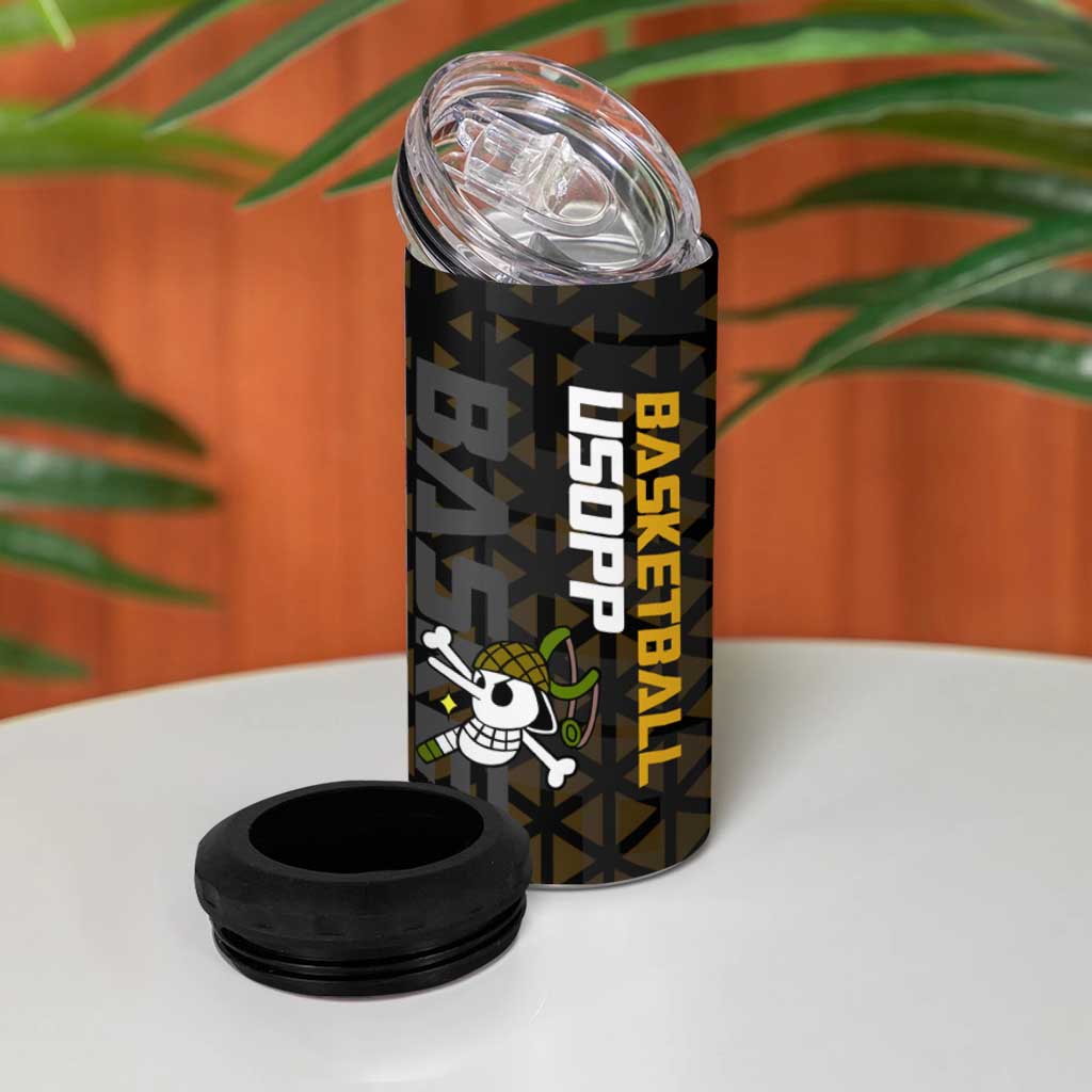 Usopp One Piece Basketball Theme Yellow and Black Design 4 in 1 Can Cooler Tumbler with Sniper Emblem and Action Pose - The Mazicc