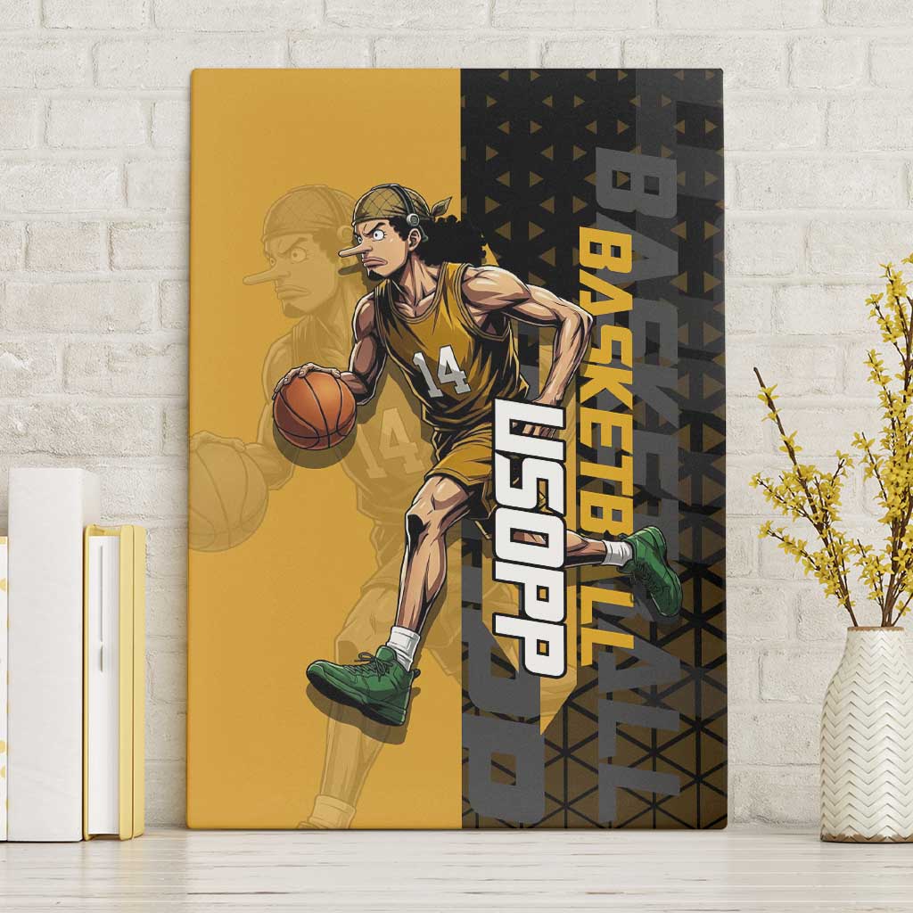 Usopp One Piece Basketball Theme Yellow and Black Design Canvas Wall Art with Sniper Emblem and Action Pose - The Mazicc