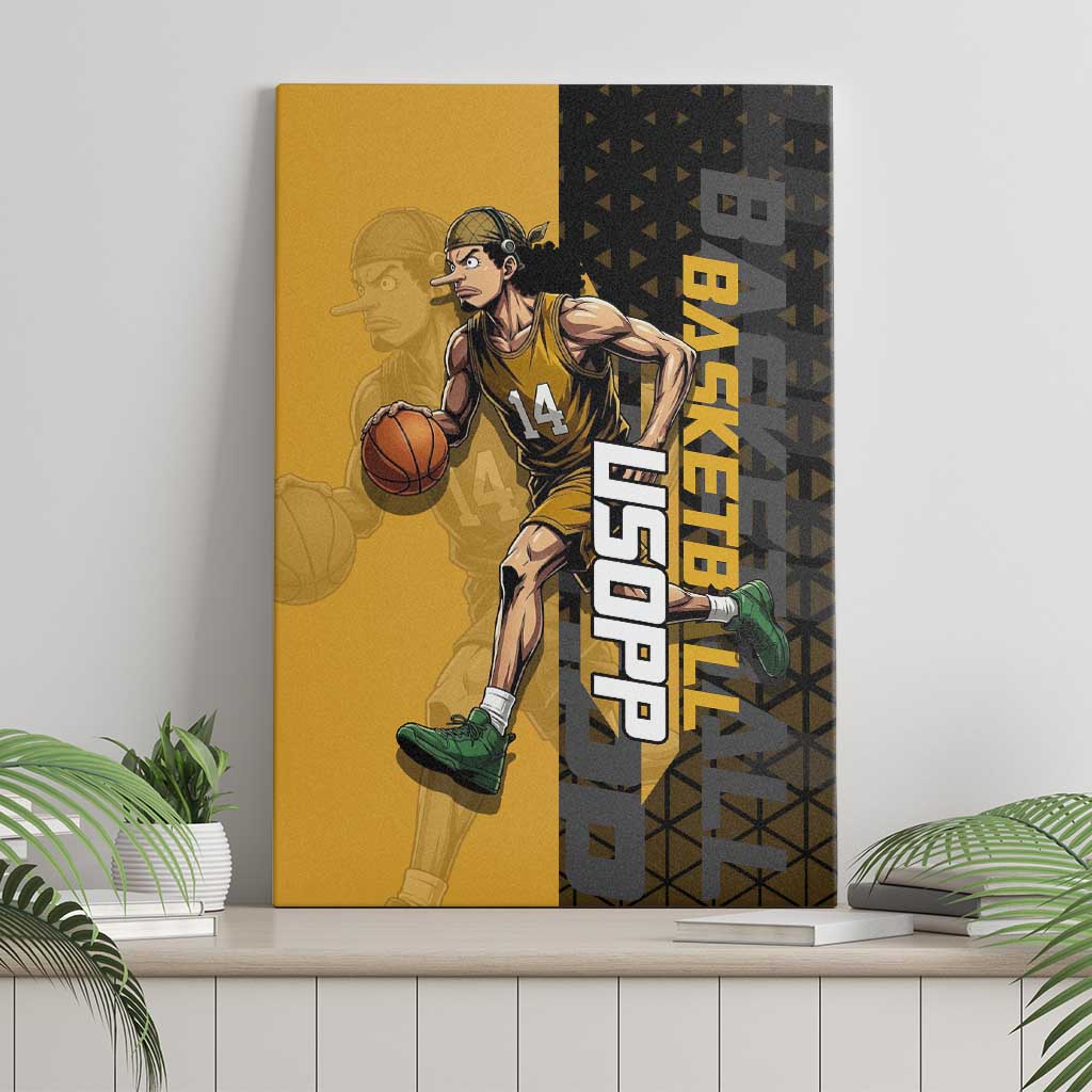 Usopp One Piece Basketball Theme Yellow and Black Design Canvas Wall Art with Sniper Emblem and Action Pose - The Mazicc
