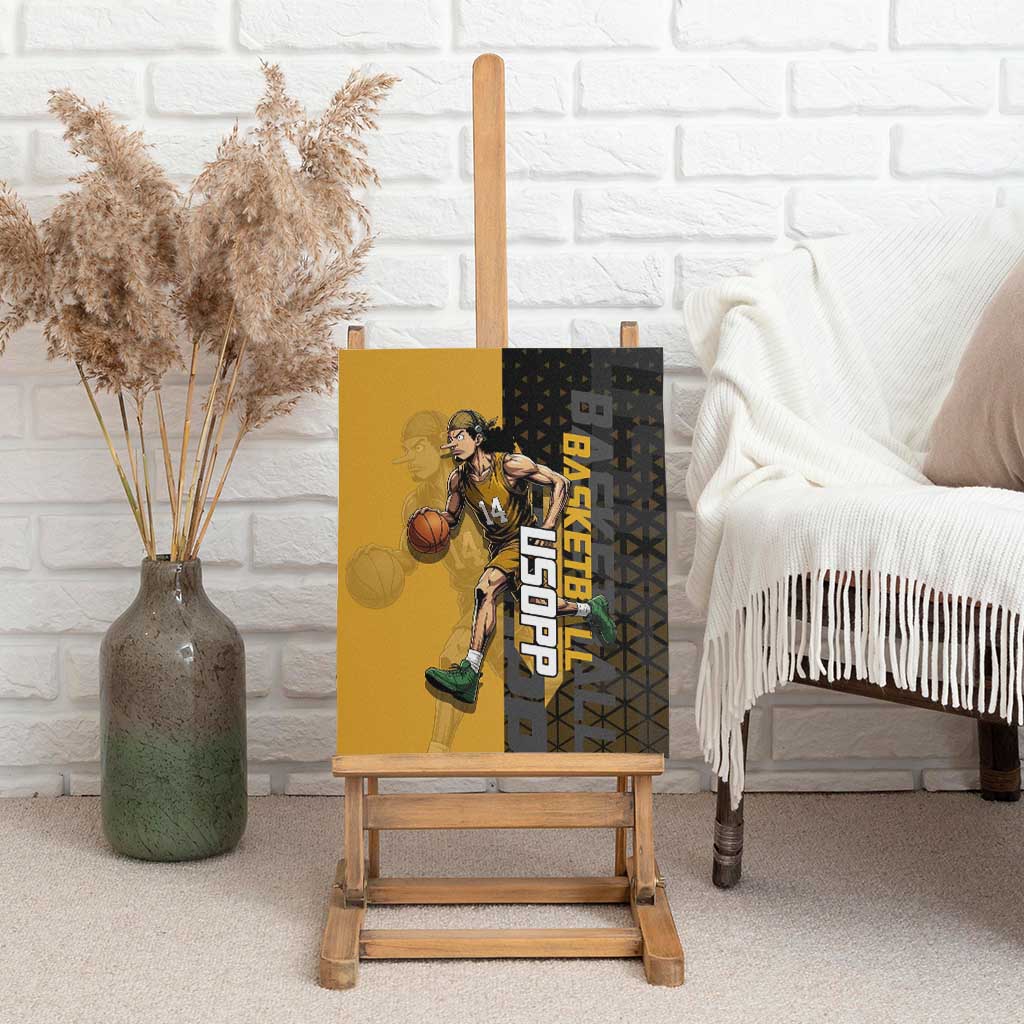 Usopp One Piece Basketball Theme Yellow and Black Design Canvas Wall Art with Sniper Emblem and Action Pose - The Mazicc