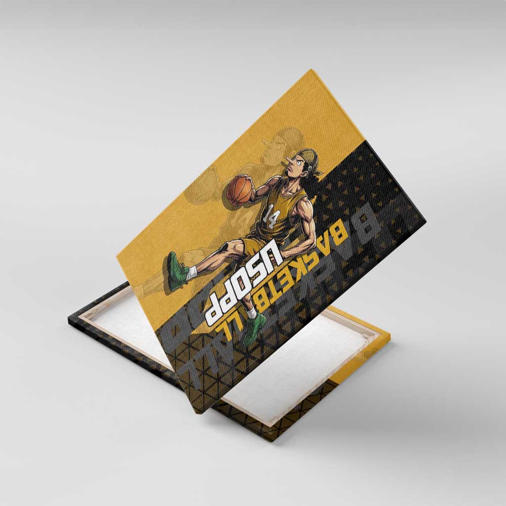 Usopp One Piece Basketball Theme Yellow and Black Design Canvas Wall Art with Sniper Emblem and Action Pose - The Mazicc