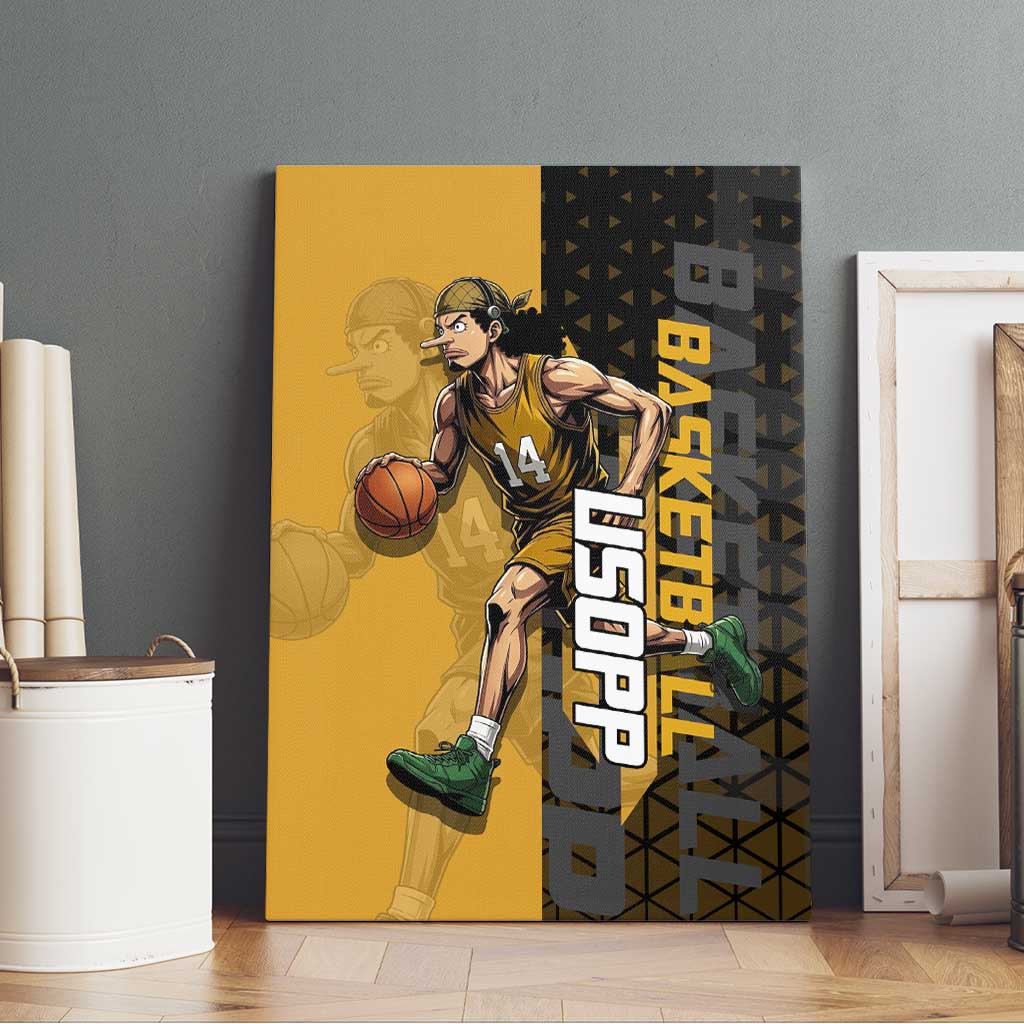 Usopp One Piece Basketball Theme Yellow and Black Design Canvas Wall Art with Sniper Emblem and Action Pose - The Mazicc