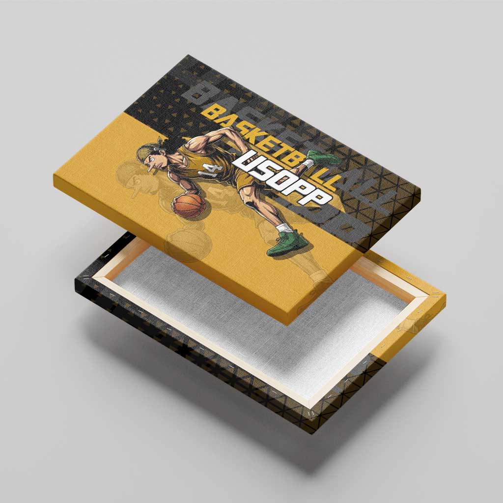 Usopp One Piece Basketball Theme Yellow and Black Design Canvas Wall Art with Sniper Emblem and Action Pose - The Mazicc