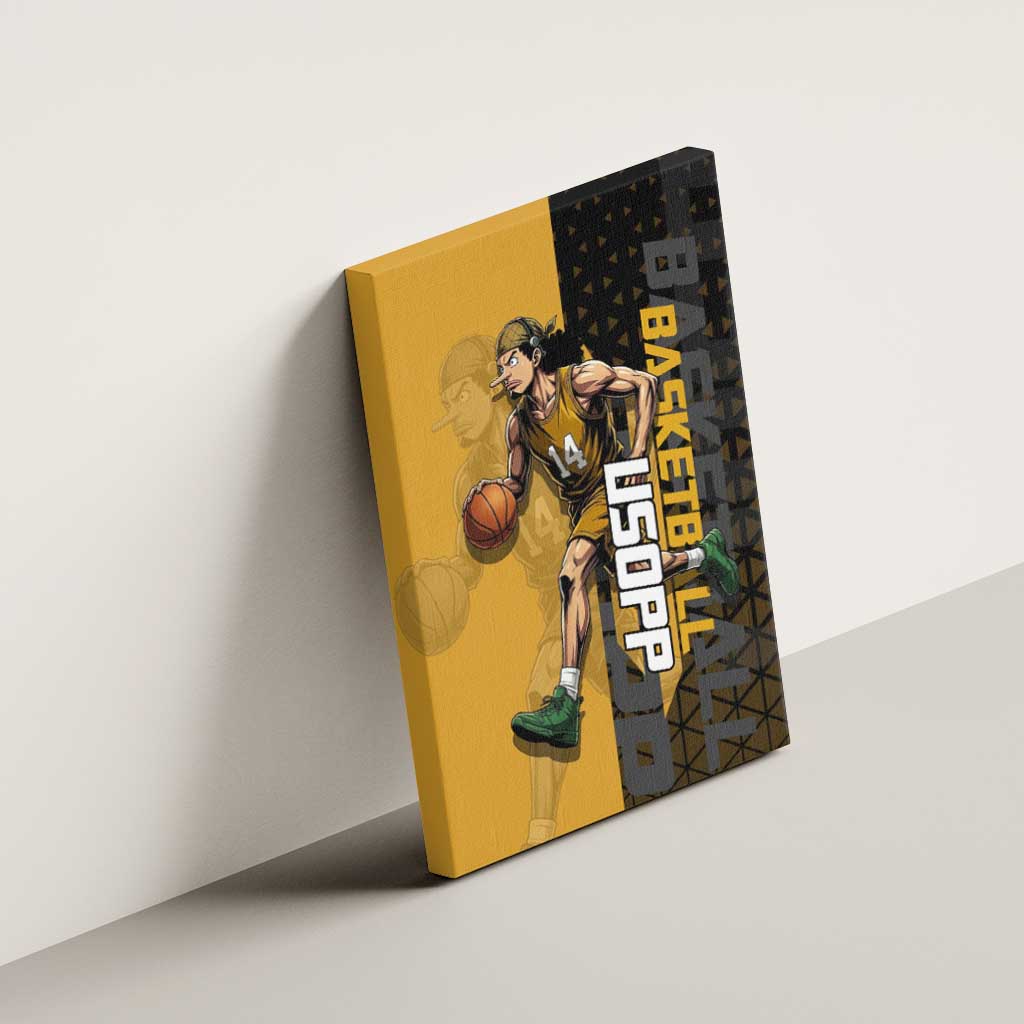 Usopp One Piece Basketball Theme Yellow and Black Design Canvas Wall Art with Sniper Emblem and Action Pose - The Mazicc