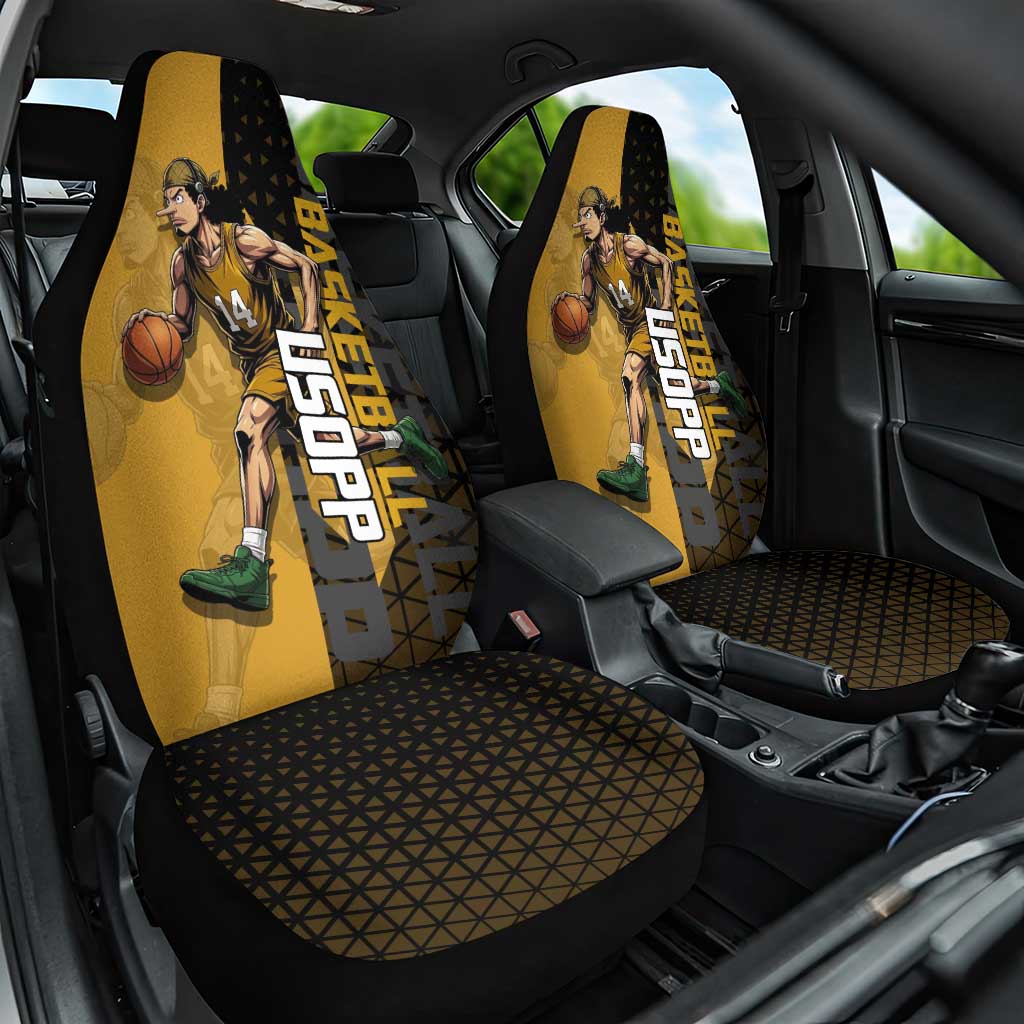 Usopp One Piece Basketball Theme Yellow and Black Design Car Seat Cover with Sniper Emblem and Action Pose - The Mazicc