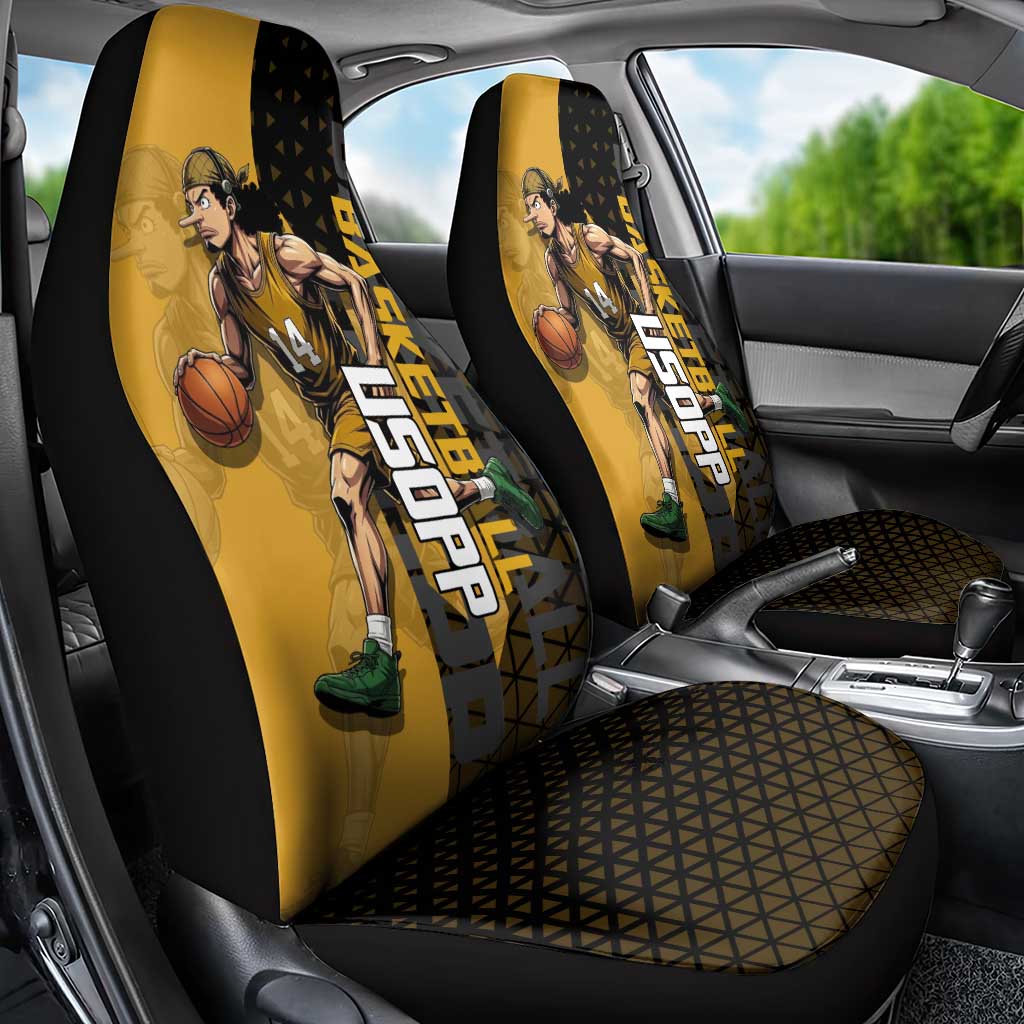 Usopp One Piece Basketball Theme Yellow and Black Design Car Seat Cover with Sniper Emblem and Action Pose - The Mazicc