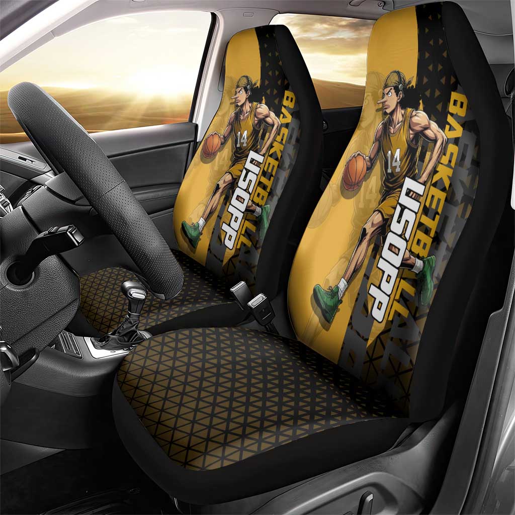 Usopp One Piece Basketball Theme Yellow and Black Design Car Seat Cover with Sniper Emblem and Action Pose - The Mazicc