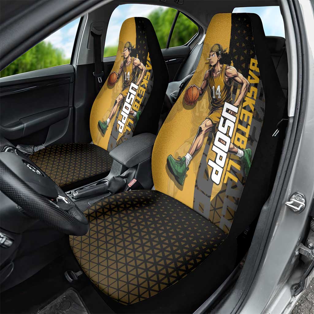 Usopp One Piece Basketball Theme Yellow and Black Design Car Seat Cover with Sniper Emblem and Action Pose - The Mazicc