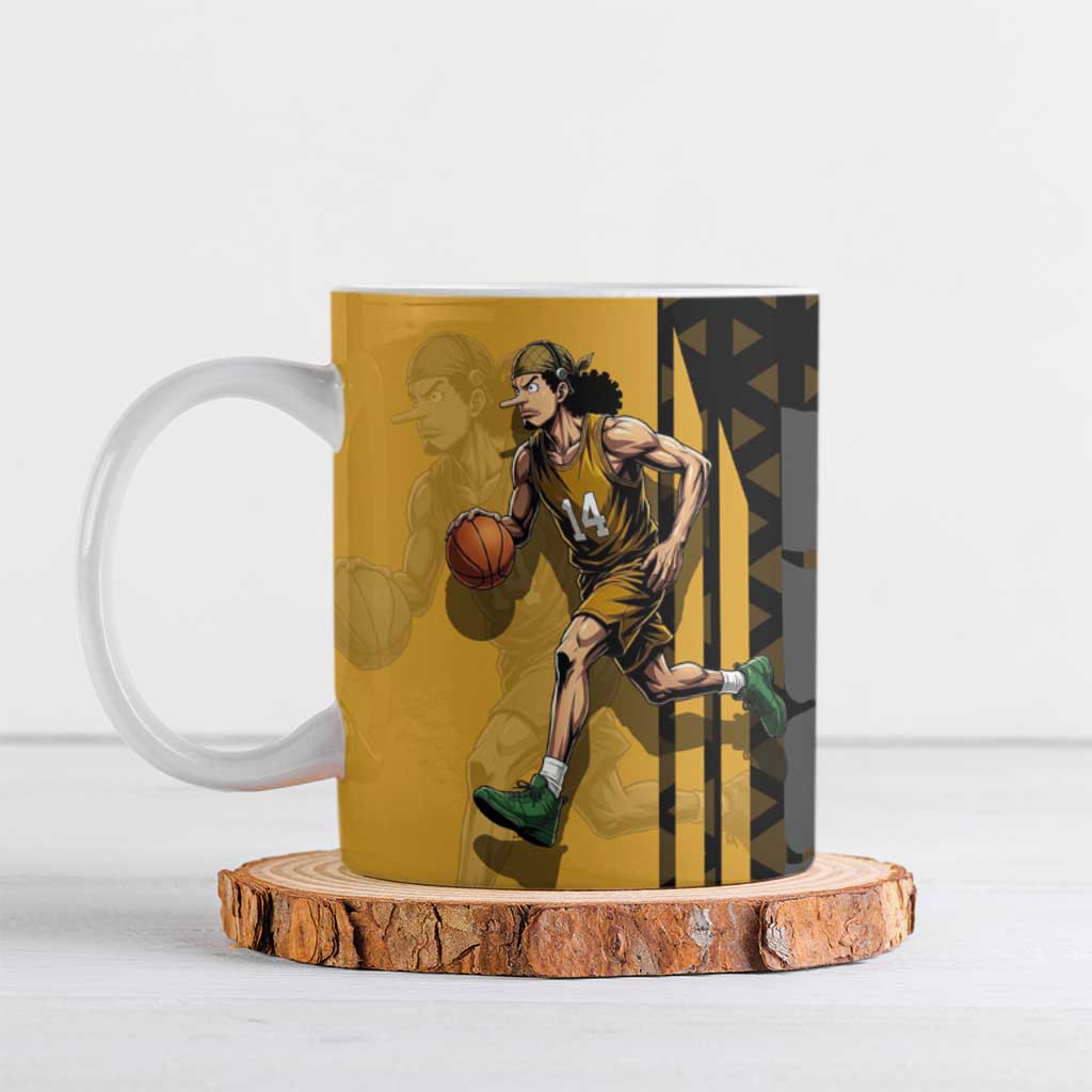 Usopp One Piece Basketball Theme Yellow and Black Design Ceramic Mug with Sniper Emblem and Action Pose - The Mazicc