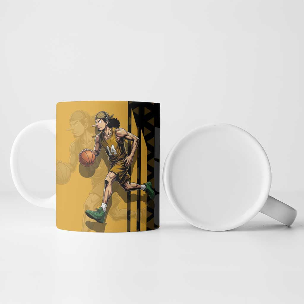 Usopp One Piece Basketball Theme Yellow and Black Design Ceramic Mug with Sniper Emblem and Action Pose - The Mazicc