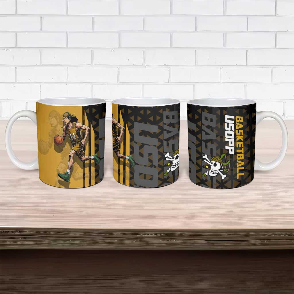 Usopp One Piece Basketball Theme Yellow and Black Design Ceramic Mug with Sniper Emblem and Action Pose - The Mazicc