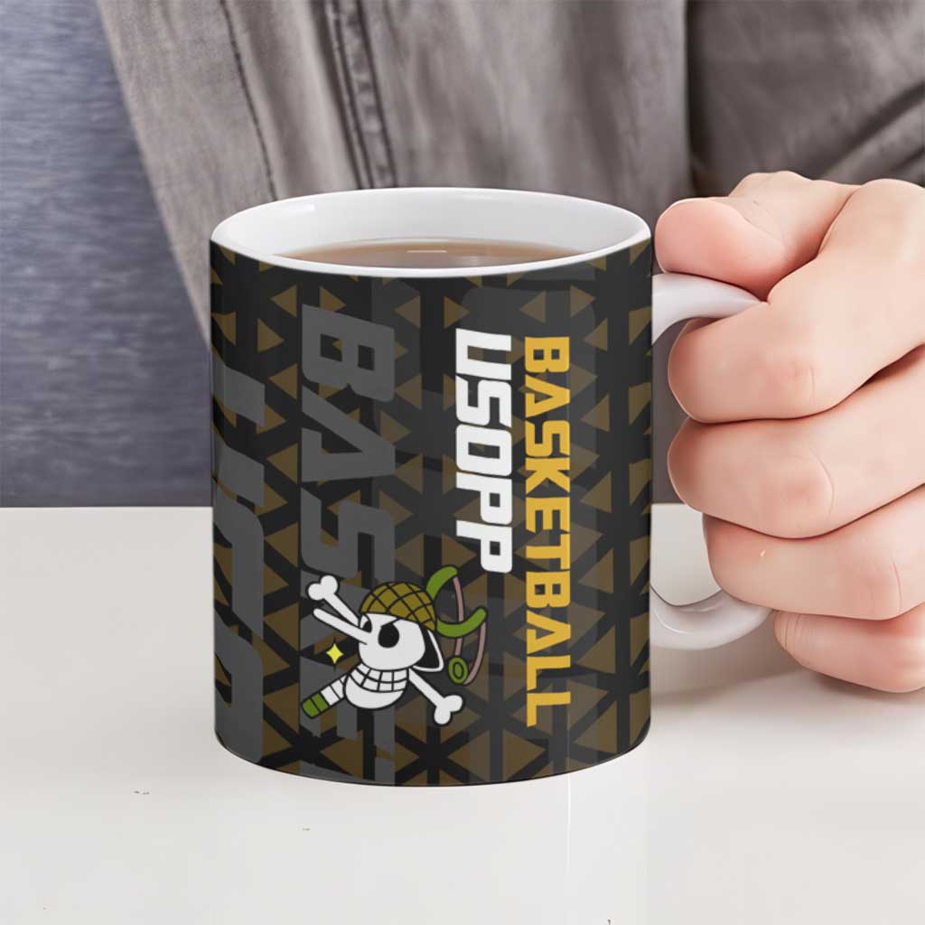 Usopp One Piece Basketball Theme Yellow and Black Design Ceramic Mug with Sniper Emblem and Action Pose - The Mazicc