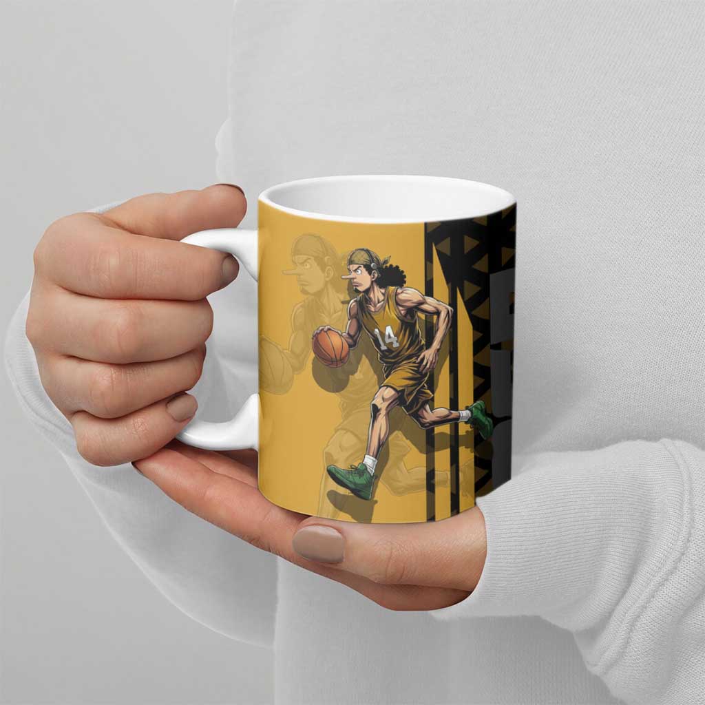 Usopp One Piece Basketball Theme Yellow and Black Design Ceramic Mug with Sniper Emblem and Action Pose - The Mazicc