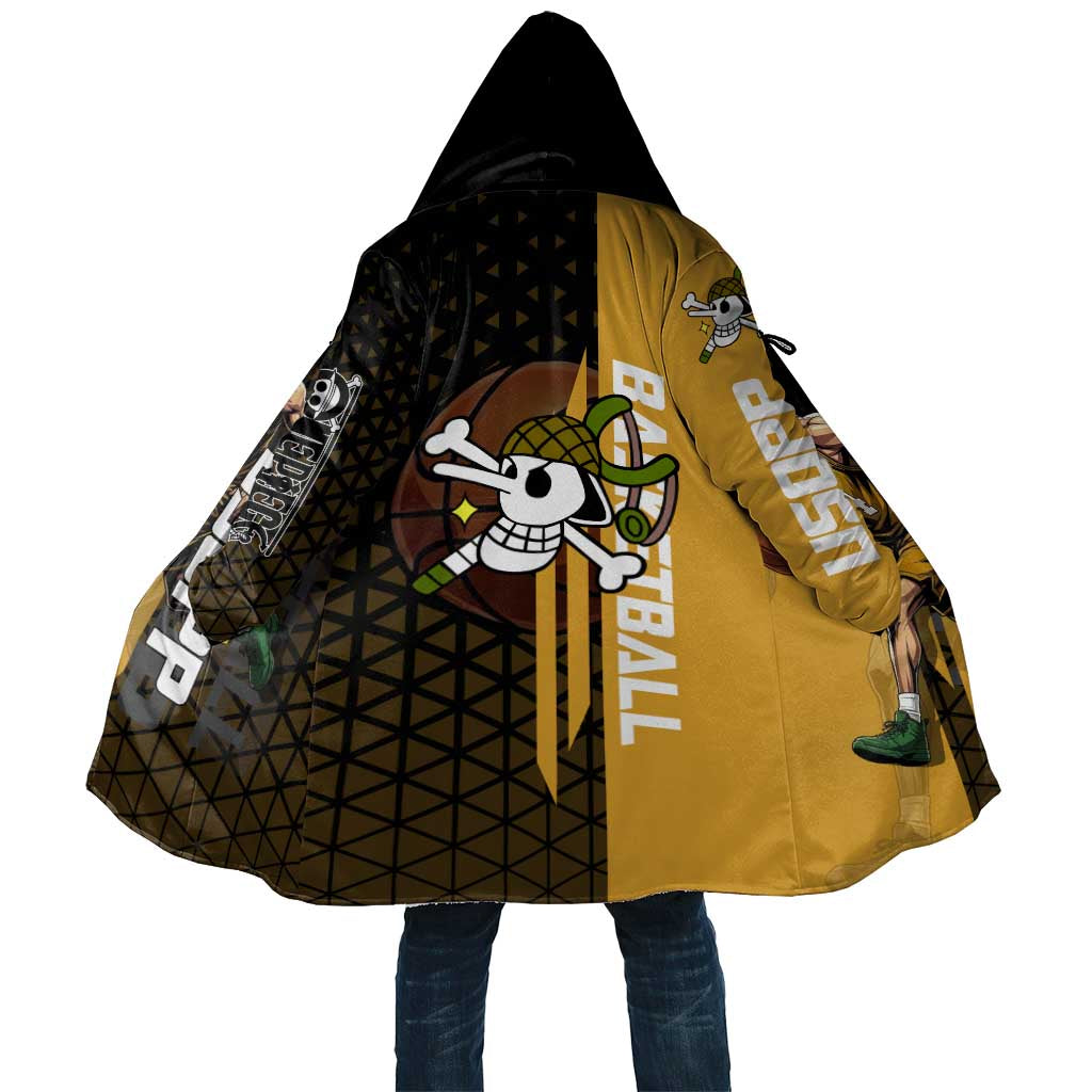 Usopp One Piece Basketball Theme Yellow and Black Design Cloak with Sniper Emblem and Action Pose - The Mazicc