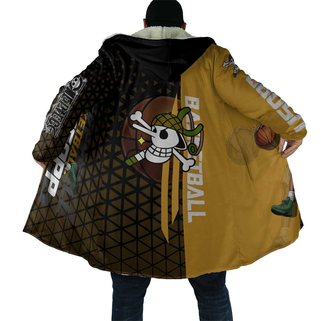 Usopp One Piece Basketball Theme Yellow and Black Design Cloak with Sniper Emblem and Action Pose - The Mazicc