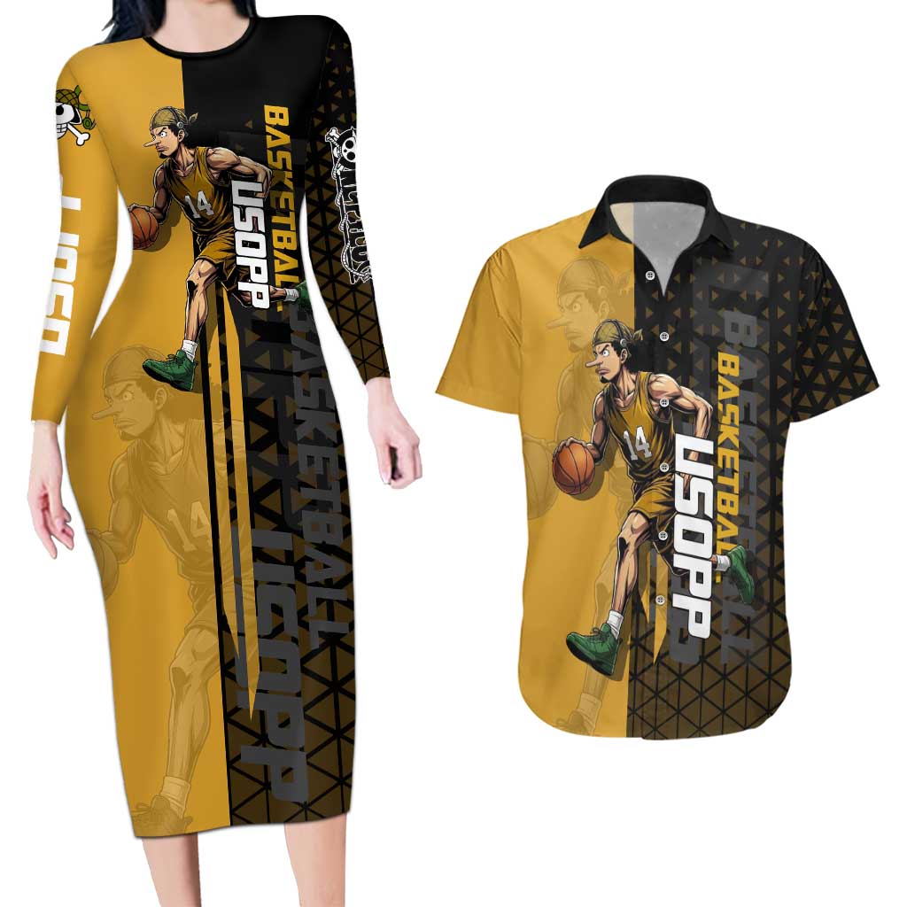 Usopp One Piece Basketball Theme Yellow and Black Design Couples Matching Long Sleeve Bodycon Dress and Hawaiian Shirt with Sniper Emblem and Action Pose - The Mazicc